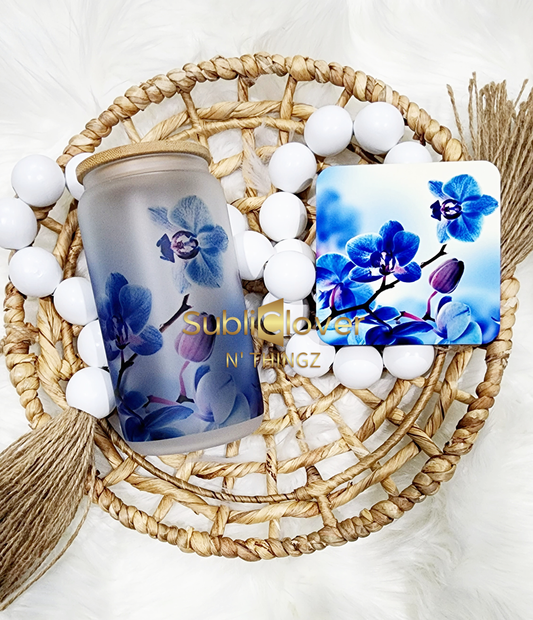 Blue Orchid Flower Frosted Glass Cup & Coaster Bundle